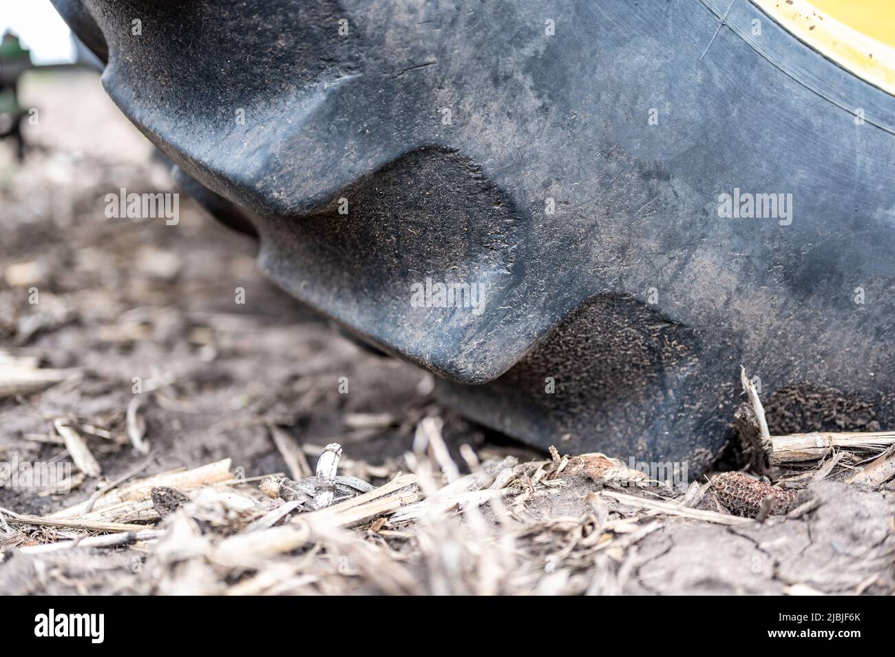 Compattazione del suolo causata da un pneumatico del trattore di grandi dimensioni sopra lo sporco del terreno in un campo vuoto prima della semina. Foto Stock