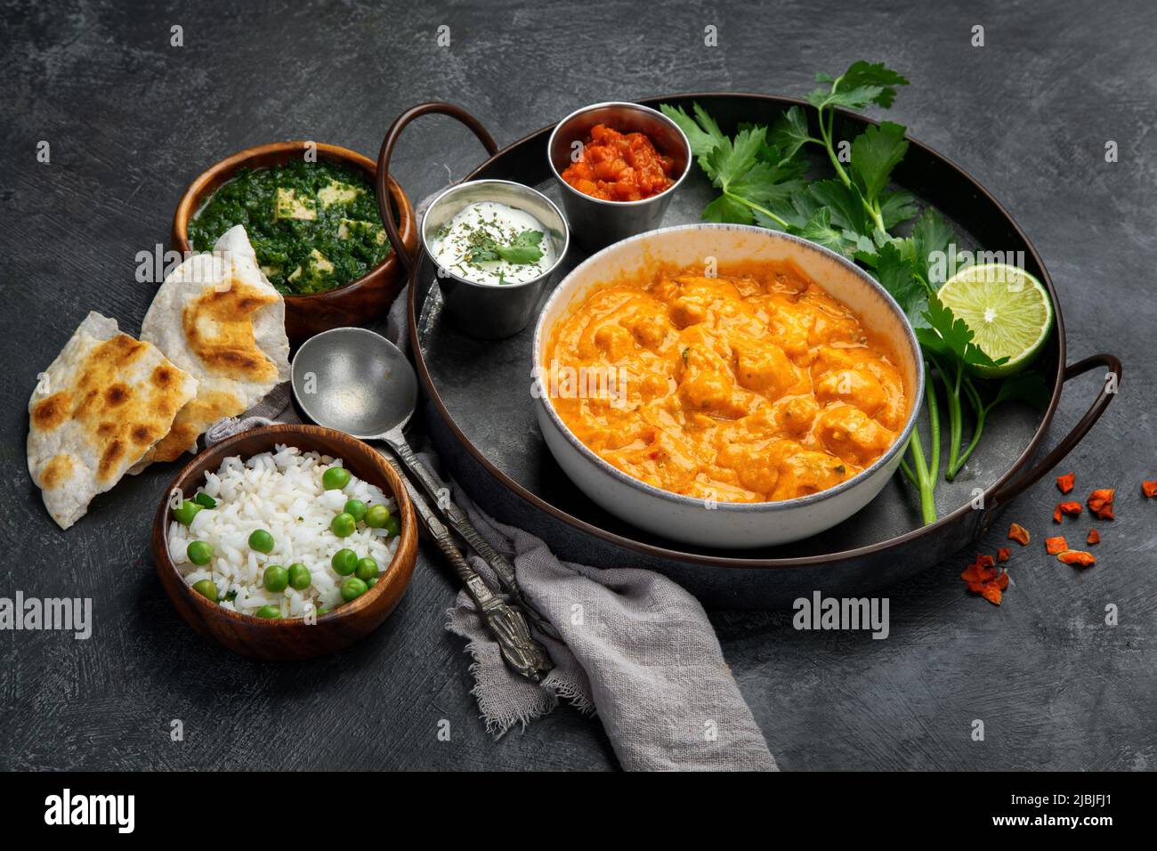 Curry indiano sul backgroound scuro. Concetto di cibo tradizionale. Piatti e antipasti di vera cucina. Foto Stock