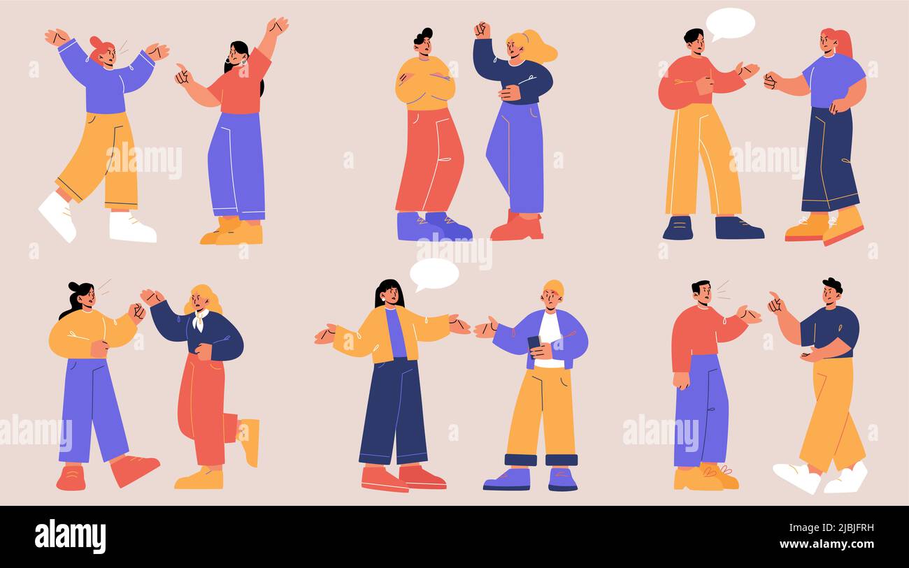 Arrabbiato discutere con le persone con bolle di discorso. Concetto di litigazione, conflitto tra due personaggi, coppie. Illustrazione piatta vettoriale con uomini e donne disputa aggressiva Illustrazione Vettoriale