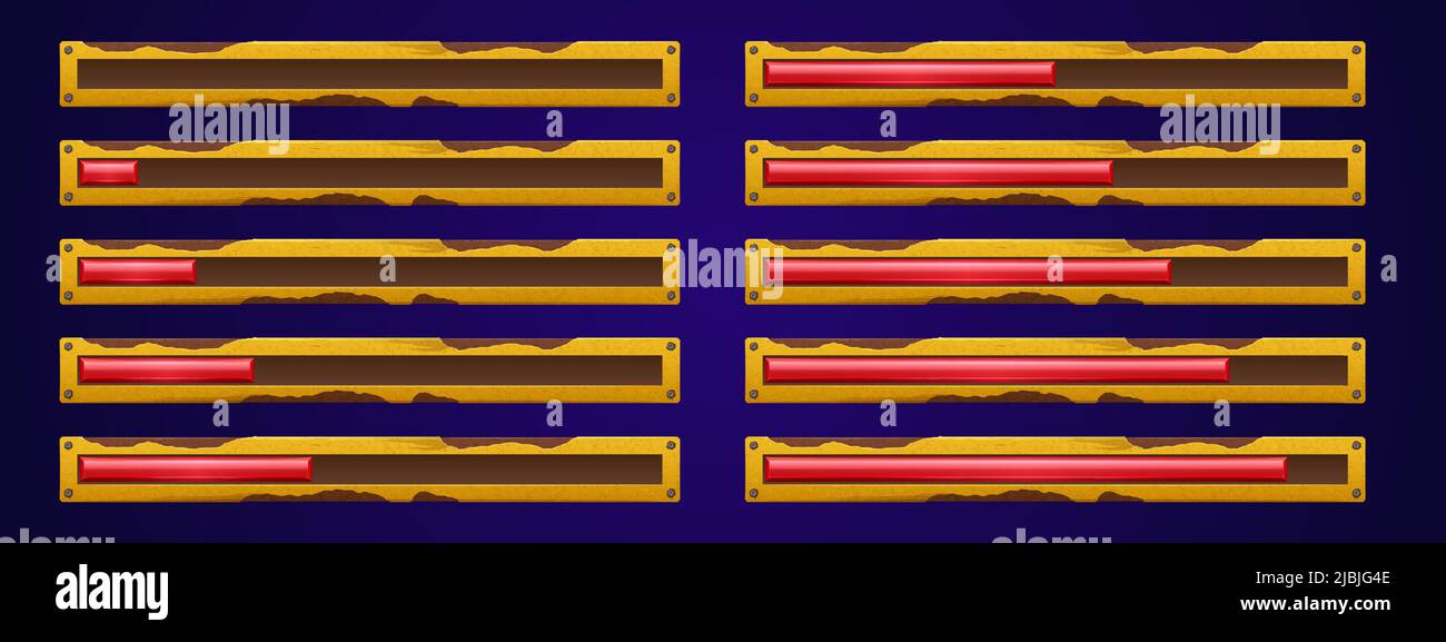 Barre di avanzamento del gioco, cursore di carico con telaio in metallo con ruggine e vernice di peeling. Cartoon vettoriale insieme di elementi ui per interfaccia di gioco o web, banner indicatore di stato di download Illustrazione Vettoriale