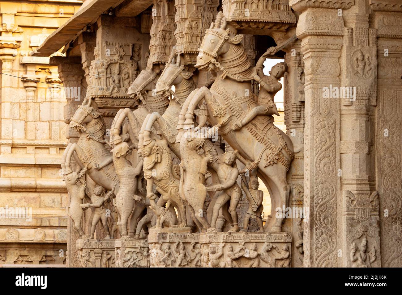 Colonne scolpite di cavalli in stile Dravidiano a Sesharaya mandapa, Sri Ranganatha Swamy Temple, Srirangam, Trichy, Tamilnadu, India. Foto Stock