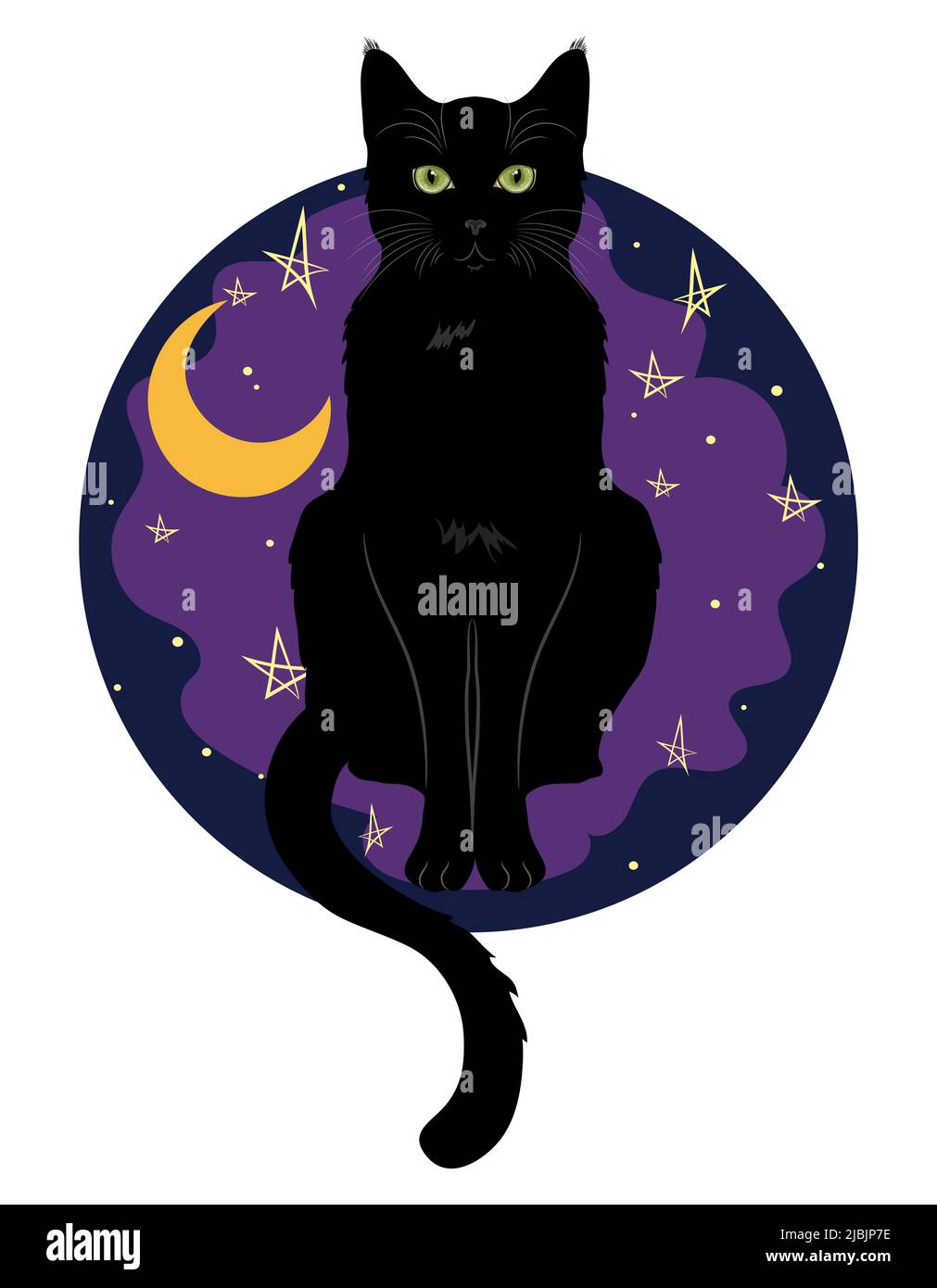 Gatto nero con occhi verdi seduto su uno sfondo di cielo notturno con luna e stelle Illustrazione Vettoriale