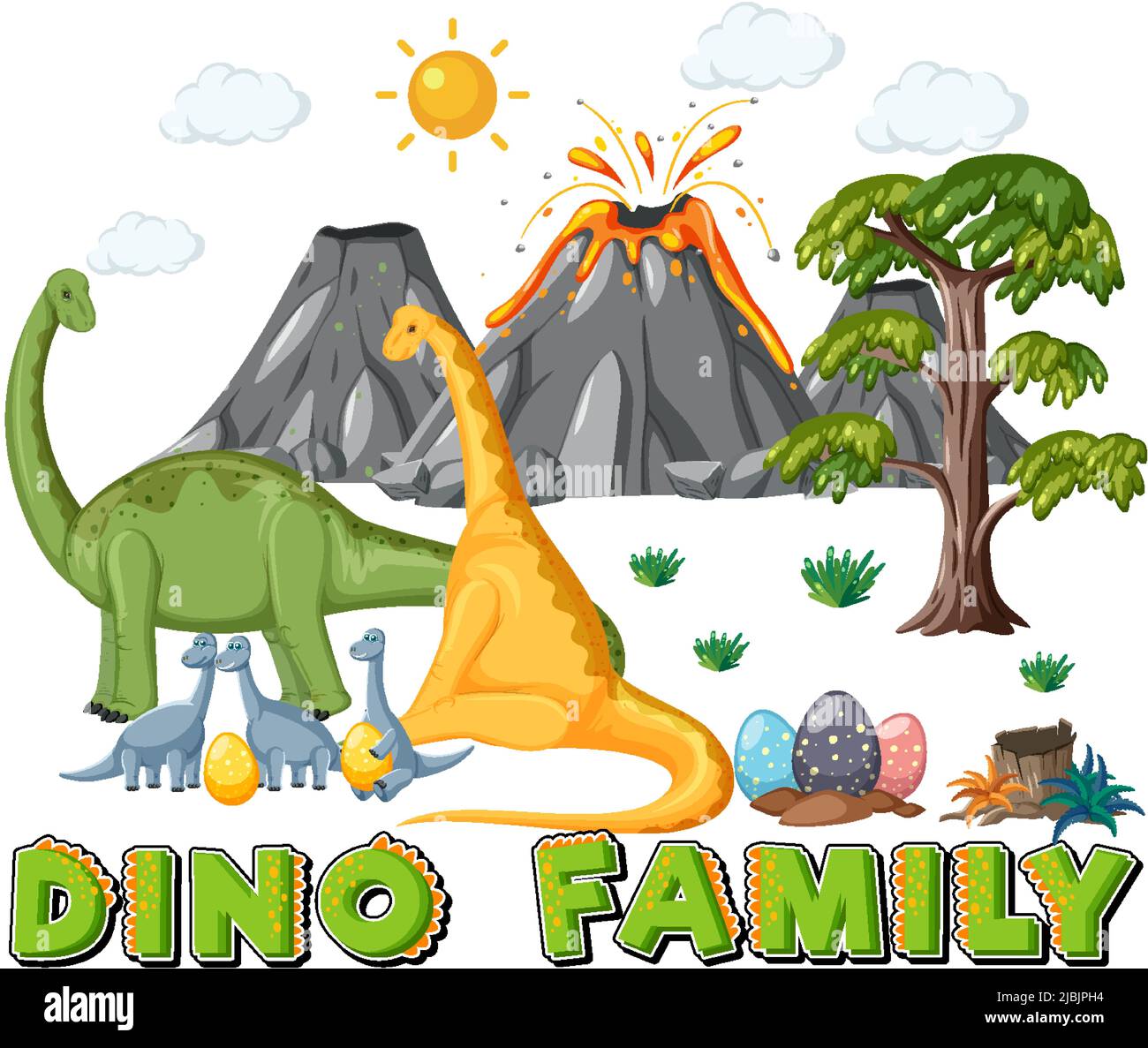 Famiglia di dinosauri con illustrazione di oggetti di foresta Illustrazione Vettoriale