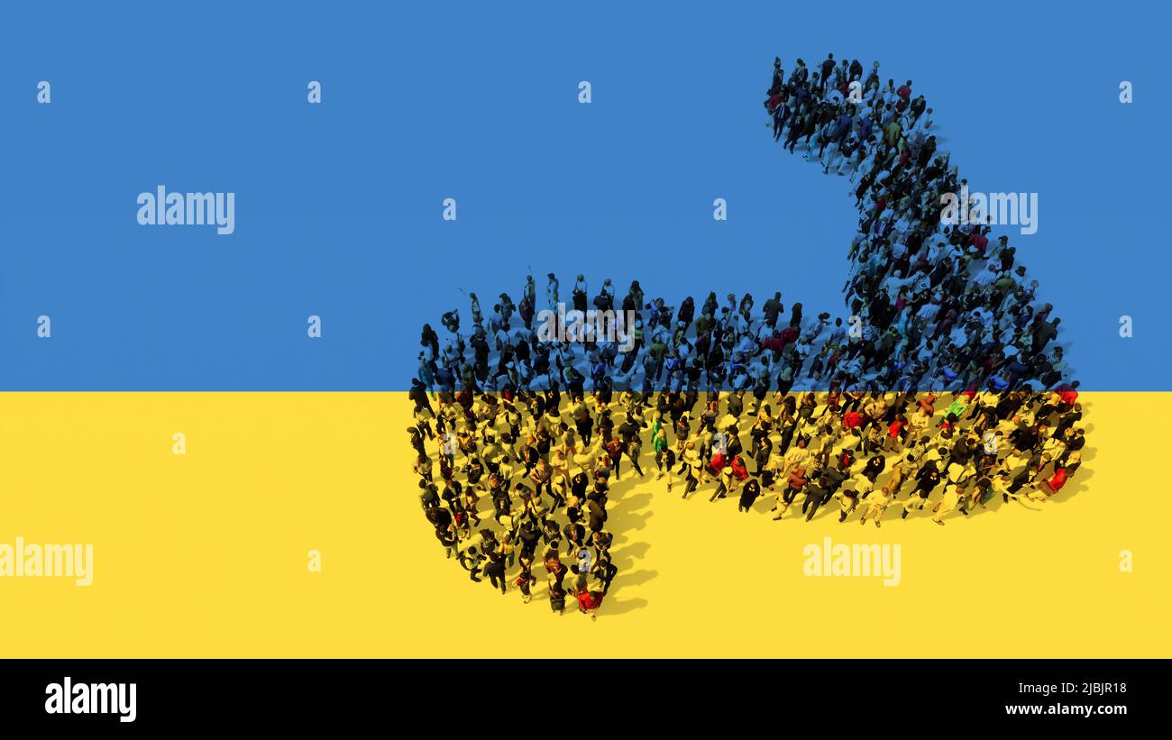 Concetto o comunità concettuale di persone che formano l'immagine di un braccio forte sulla bandiera Ucraina. Una metafora di illustrazione 3D per resistenza, potenza Foto Stock