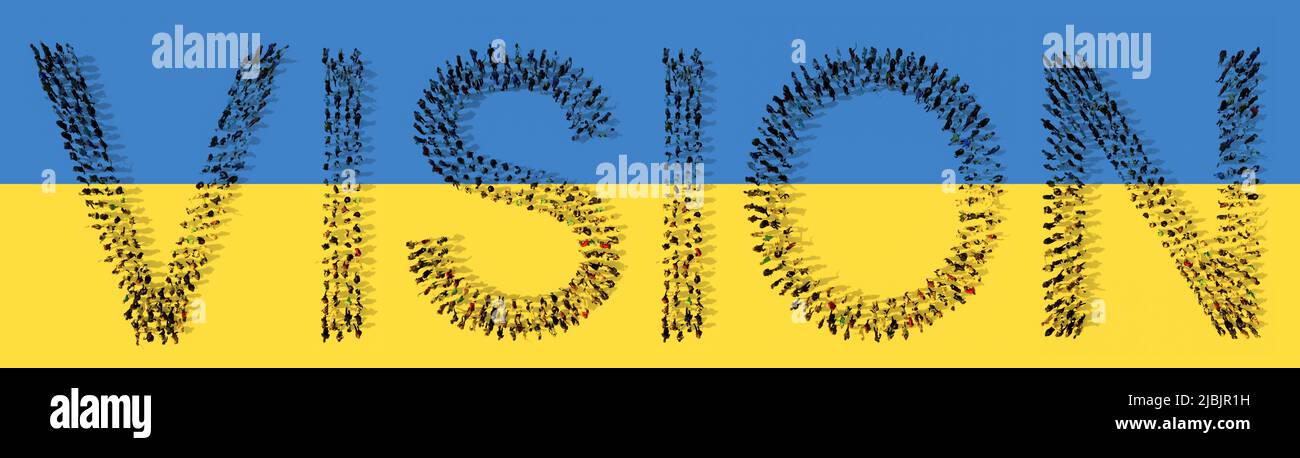 Concetto concettuale grande comunità di persone che formano LA PAROLA DI VISIONE sulla bandiera Ucraina. 3d metafora di illustrazione per la direzione, la motivazione Foto Stock