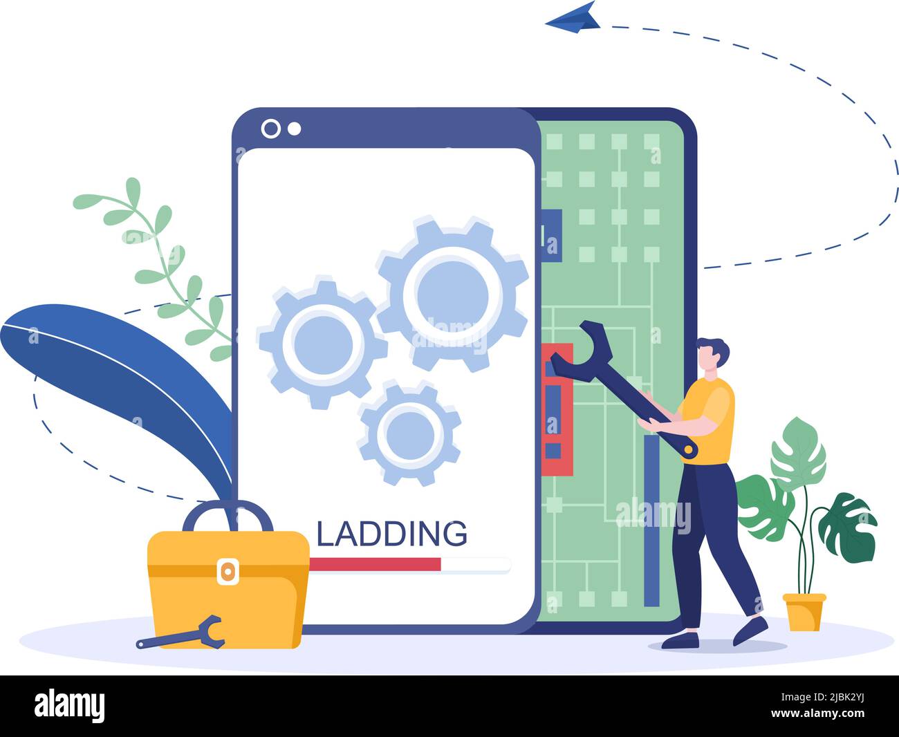 Riparazione mobile di un servizio di elettronica per telefono o smartphone con schermo rotto e guasto della macchina nell'illustrazione Cartoon piatto Illustrazione Vettoriale
