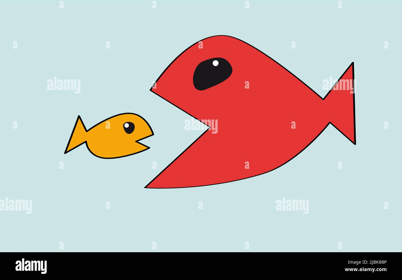 I pesci grandi mangiano piccoli pesci. Metafora della multinazionale che fa morire le piccole aziende e le aziende manifatturiere. Disegno vettoriale Illustrazione Vettoriale