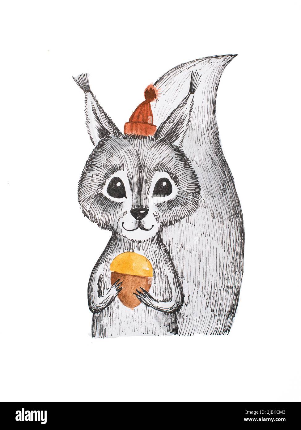 Ritratto disegnato a mano di simpatico scoiattolo bianco e nero che indossa un piccolo cappello rosso e tiene l'acorno. Foto Stock
