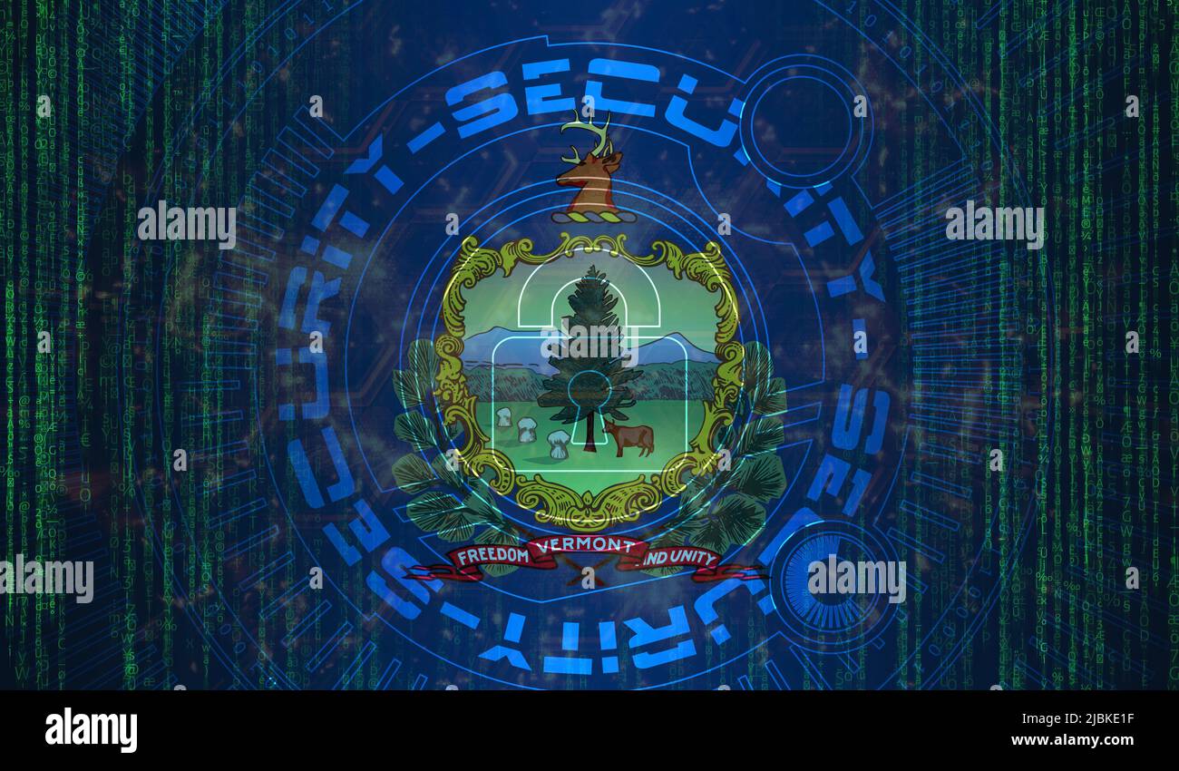National cyber Security of Vermont state, USA on digital background protezione dei dati, concetto di sistemi di sicurezza degli stati uniti. Simbolo di blocco su foca scura Foto Stock