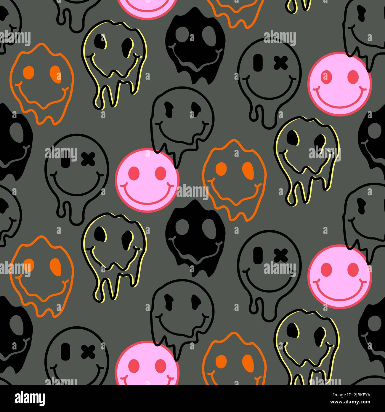 Fondendo il sorriso emoji icone senza cuciture pattern. Sciolto divertente sorriso gocciolando faccia. Illustrazione Vettoriale