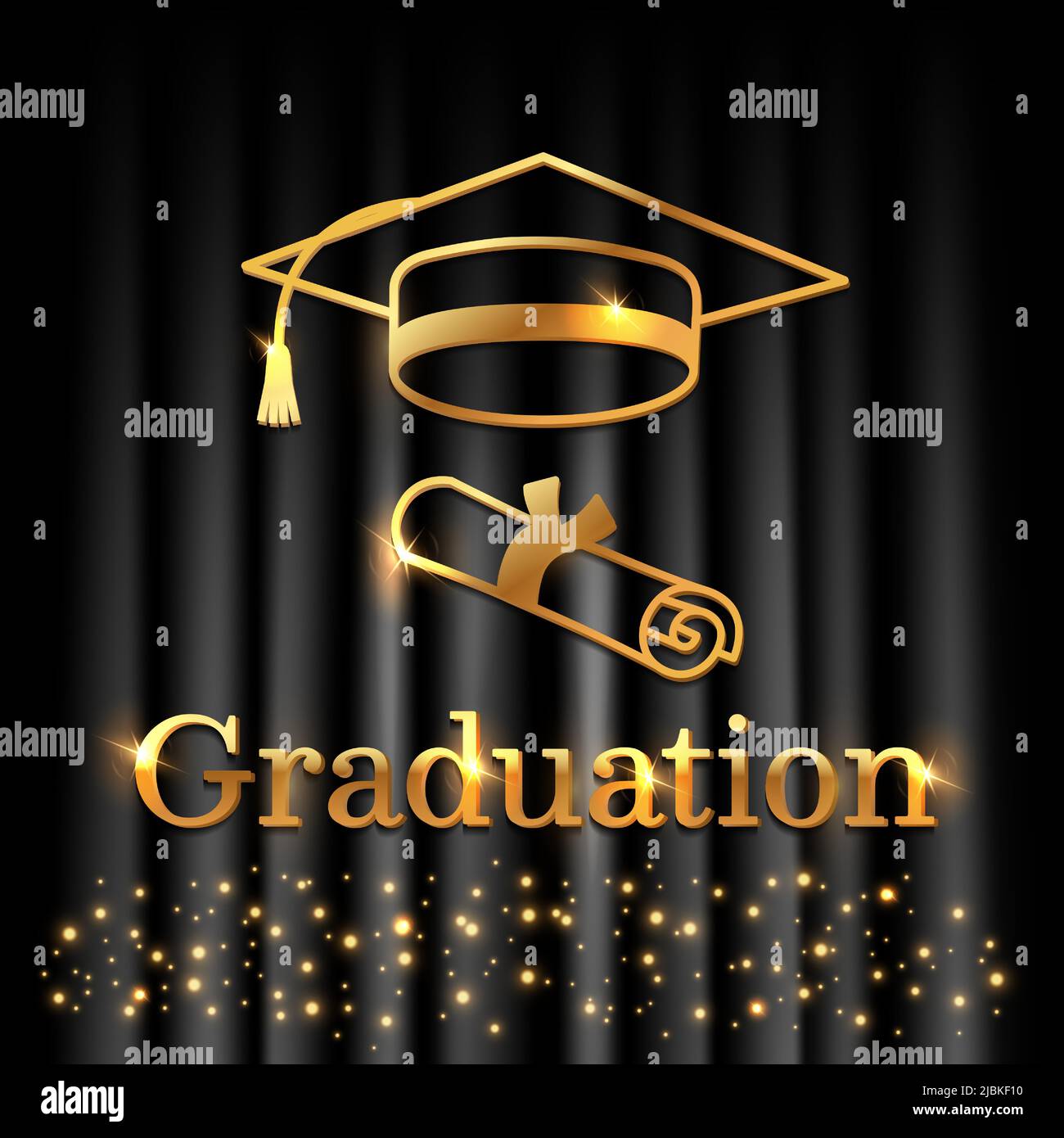 Congratulazioni per la laurea con un'iscrizione in oro su sfondo nero. Poster lucido con confetti dorati, cappello e contorno Illustrazione Vettoriale