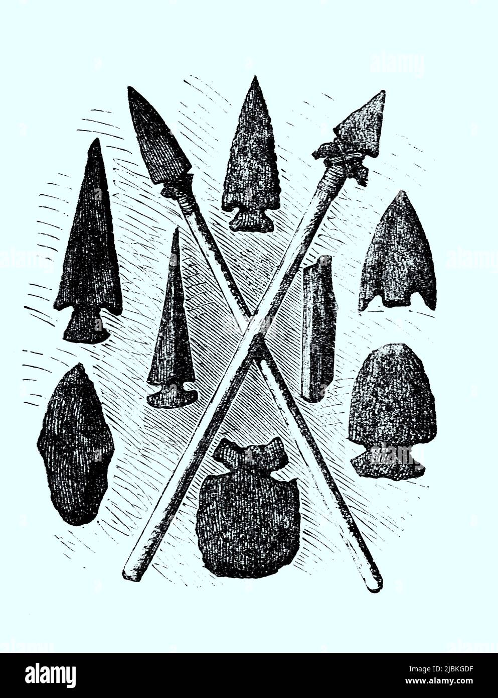 Waffen aus der Steinzeit, restaurierte digitale Reproduktion einer Originalvorlage aus dem 19. Jahrhundert, genaues Originaldatum nicht bekannt Foto Stock