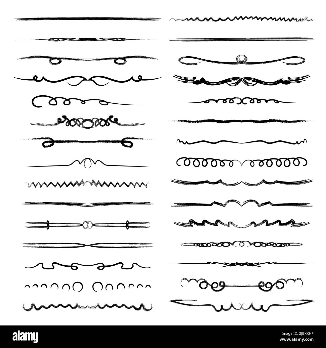 Raccolta di linee disegnate a mano, linee di pennello, pennellate, sottolineature, varie forme di stile doodle, illustrazione vettoriale. Illustrazione Vettoriale