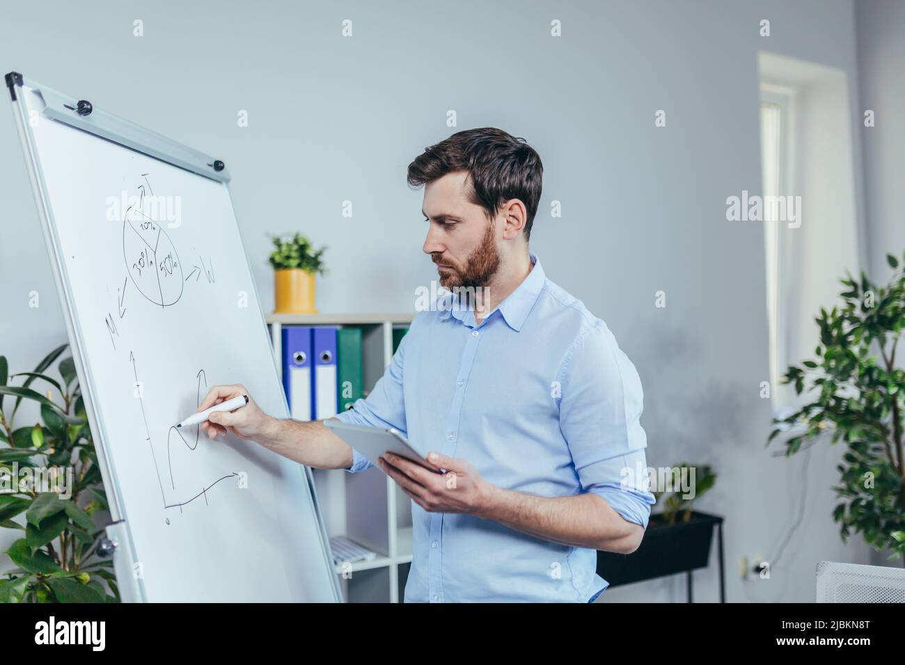 Giovane uomo d'affari che scrive su lavagna bianca con il programma di strategia di affari del marcatore, uomo che lavora in ufficio luminoso moderno Foto Stock