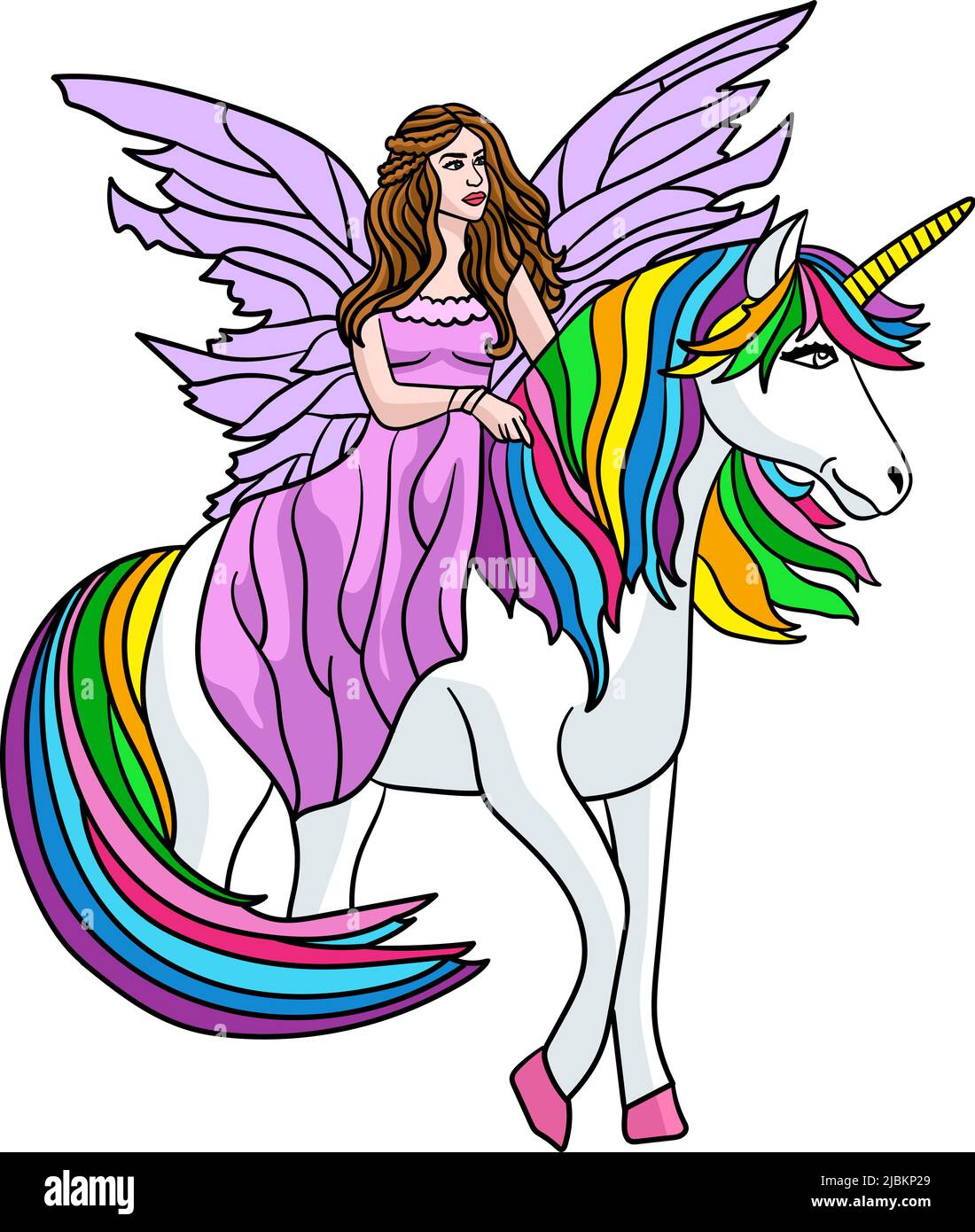 Fata Riding in Unicorn Cartoon Coloured Clipart Illustrazione Vettoriale