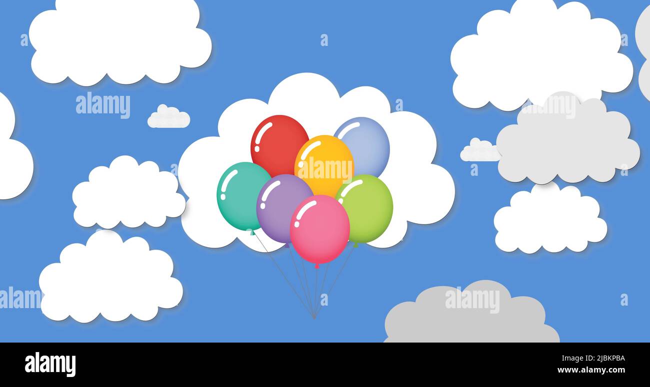 Immagine di palloncini volanti su nuvole su sfondo blu Foto Stock