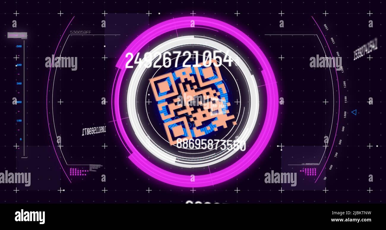 Immagine della scansione dell'ambito, modifica dei numeri e controllo della sicurezza del codice qr su sfondo nero Foto Stock