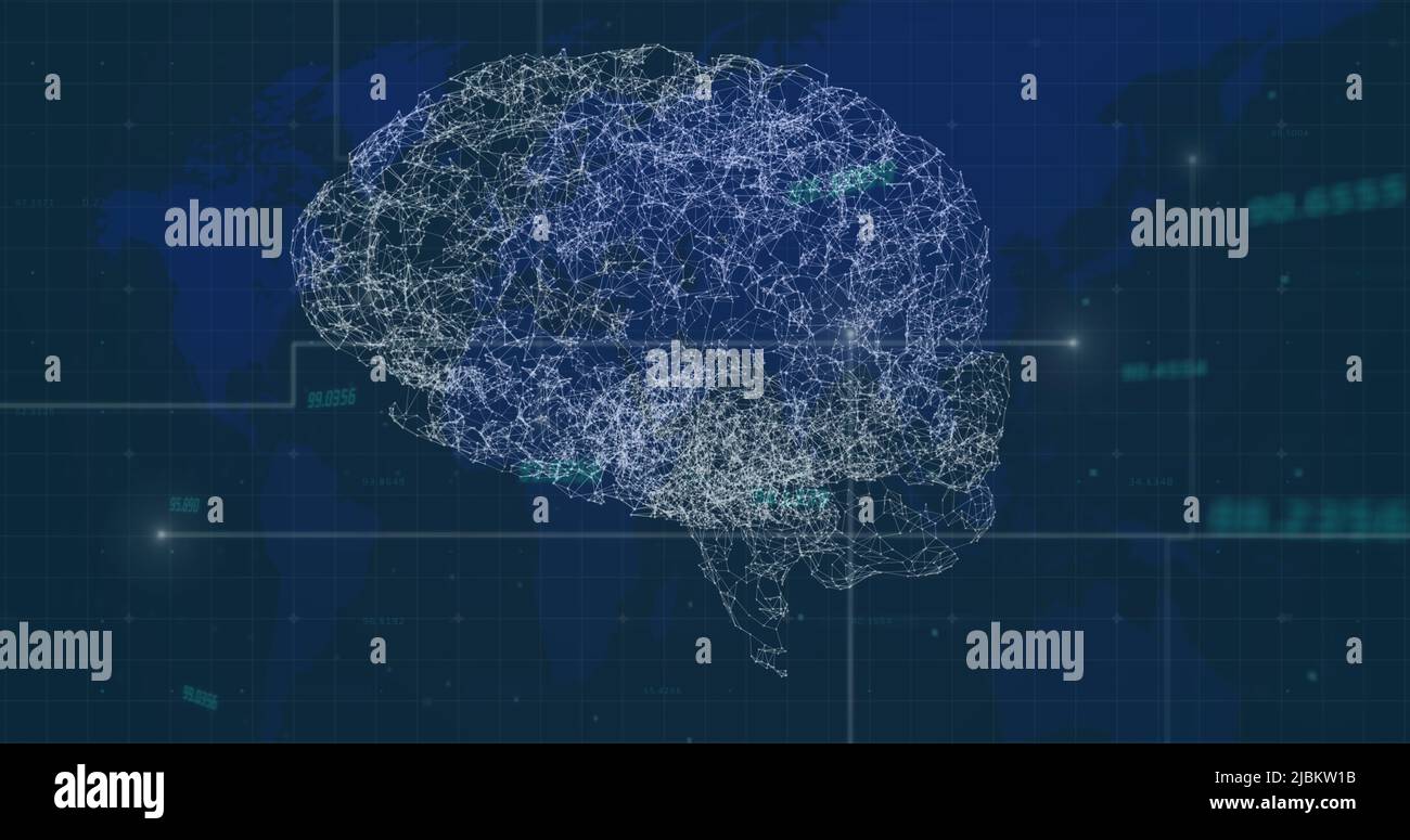 Immagine del cervello rotante con connessioni sulla mappa del mondo e dati diversi Foto Stock