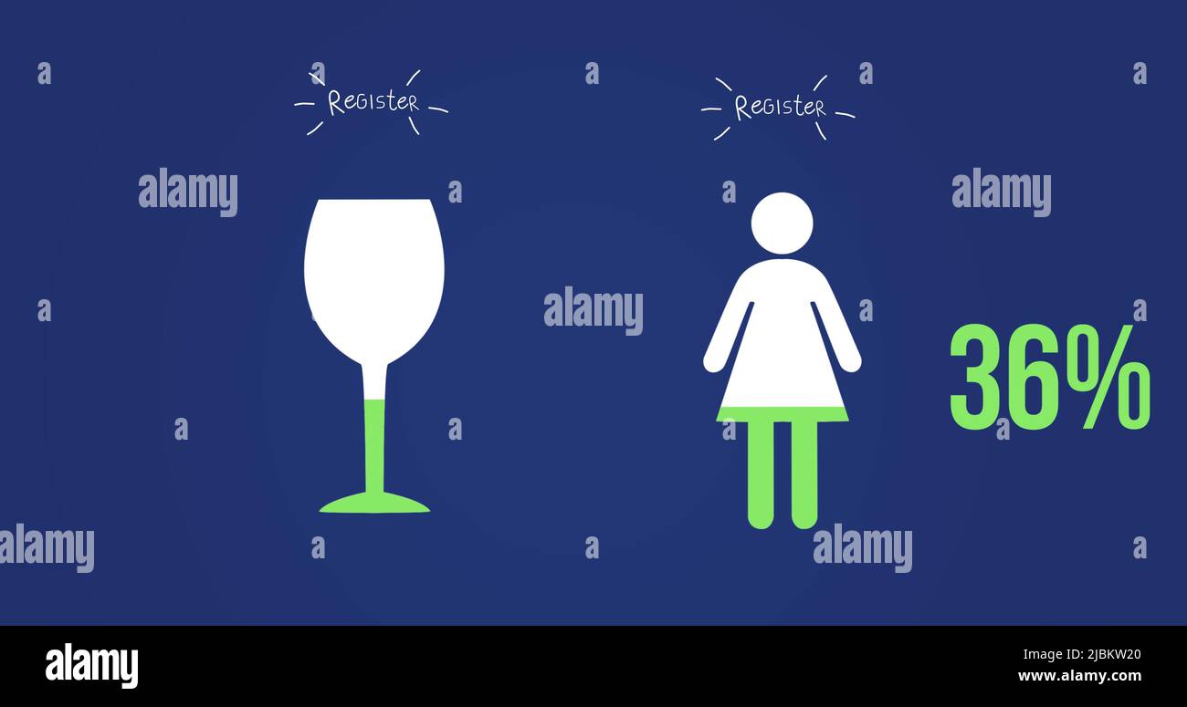 Immagine del testo del registro, del bicchiere di vino e del pittogramma femminile con percentuale di crescita su sfondo blu Foto Stock