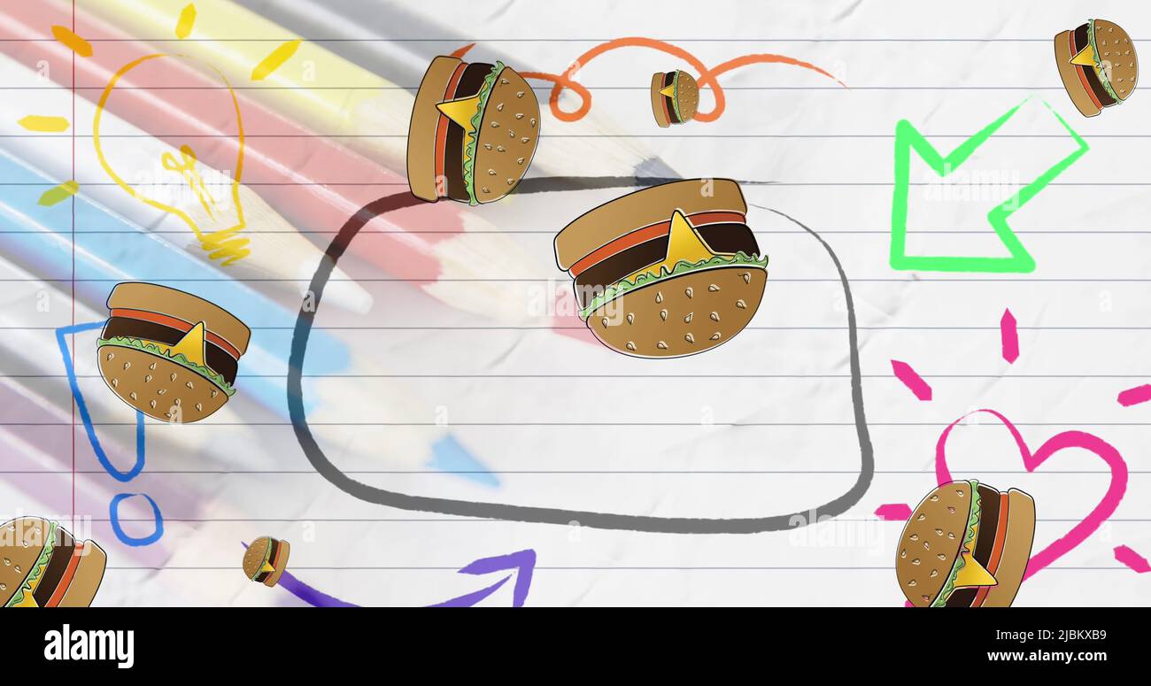 Immagine di cheeseburgers che cadono su doodles colorati, matite e carta foderata Foto Stock