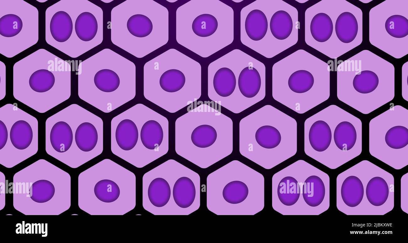 Immagine di cerchi viola che si muovono in esagoni su sfondo nero Foto Stock
