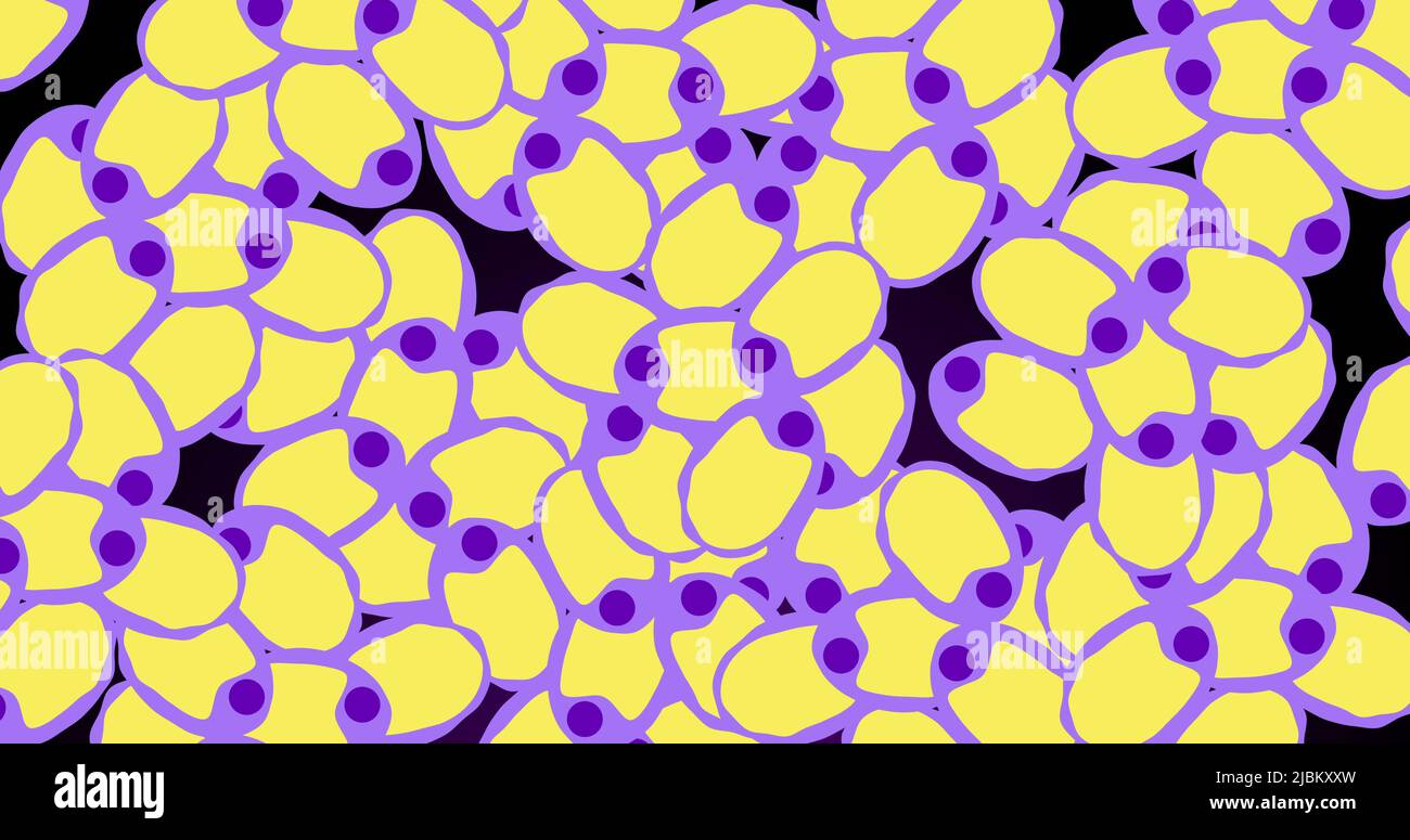Immagine di celle gialle e violette che si muovono su sfondo nero Foto Stock
