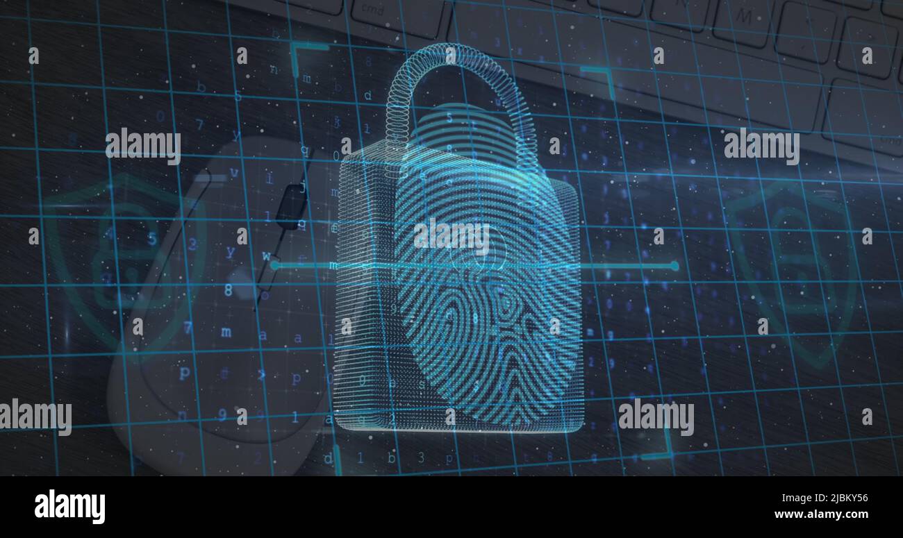 Immagine del lucchetto di sicurezza e dell'elaborazione dei dati tramite computer Foto Stock