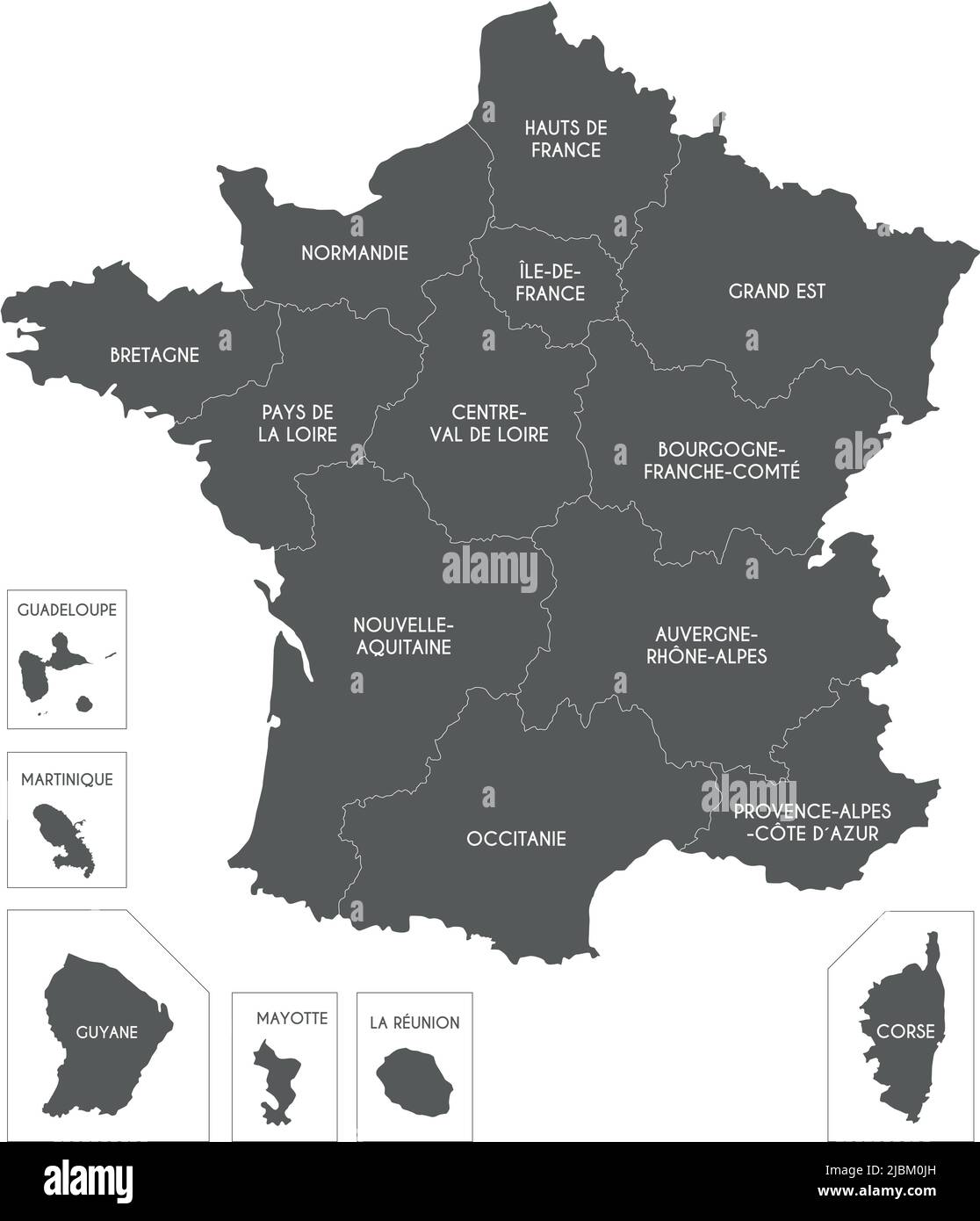 Mappa vettoriale della Francia con regioni e territori e divisioni amministrative. Livelli modificabili e chiaramente etichettati. Illustrazione Vettoriale