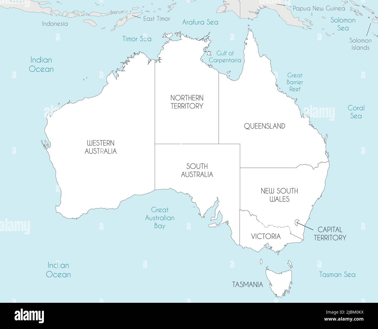 Mappa vettoriale dell'Australia con regioni e divisioni amministrative e paesi e territori vicini. Livelli modificabili e chiaramente etichettati. Illustrazione Vettoriale