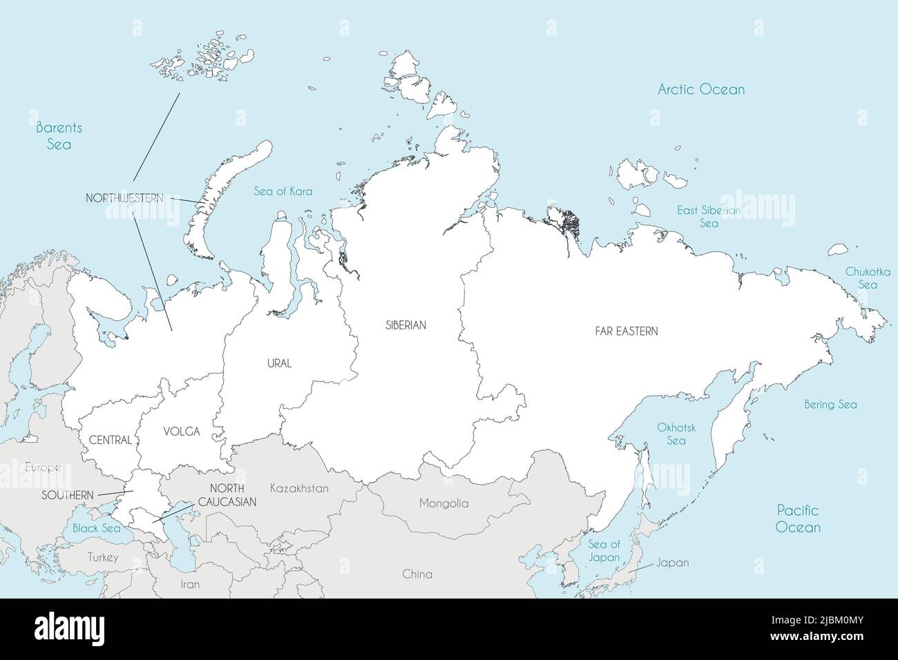 Mappa vettoriale della Russia con regioni o distretti federali e divisioni amministrative e paesi vicini. Livelli modificabili e chiaramente etichettati. Illustrazione Vettoriale