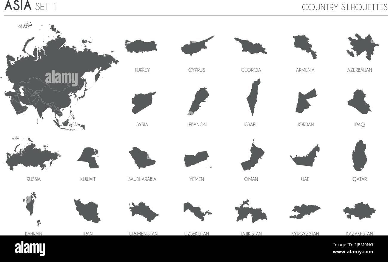 Set di 24 mappe di silhouette dettagliate di paesi e territori asiatici e mappa di illustrazione vettoriale Asia. Illustrazione Vettoriale