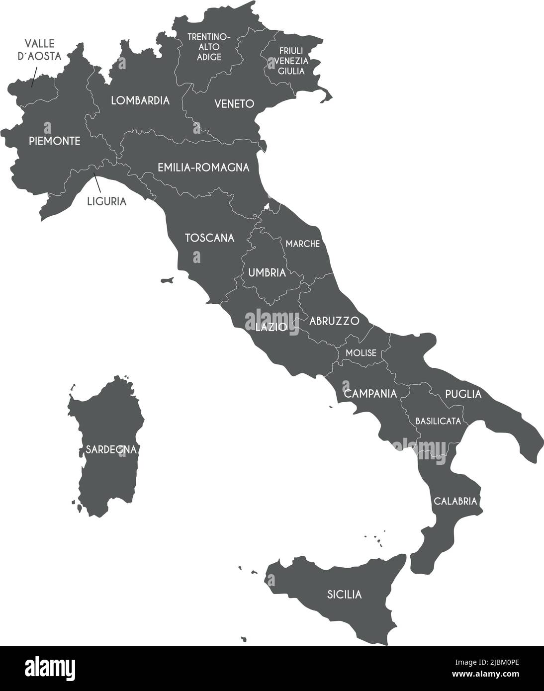 Mappa vettoriale dell'Italia con regioni e divisioni amministrative. Livelli modificabili e chiaramente etichettati. Illustrazione Vettoriale