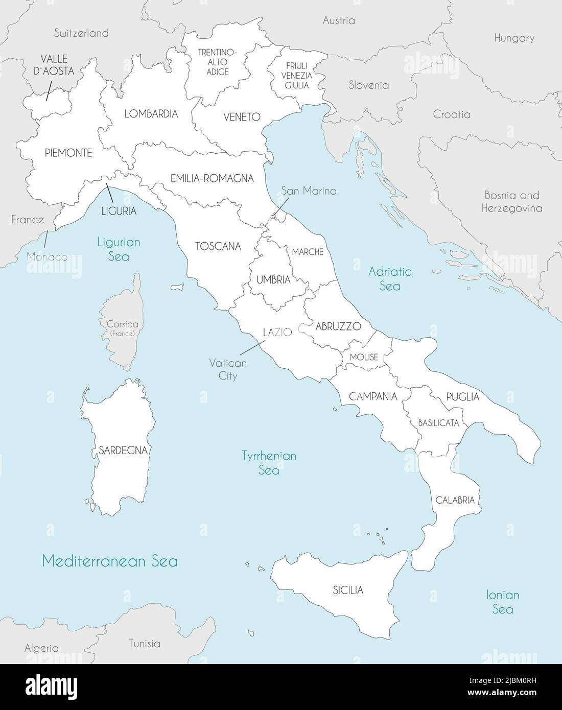 Mappa vettoriale dell'Italia con regioni e divisioni amministrative e paesi e territori limitrofi. Livelli modificabili e chiaramente etichettati. Illustrazione Vettoriale