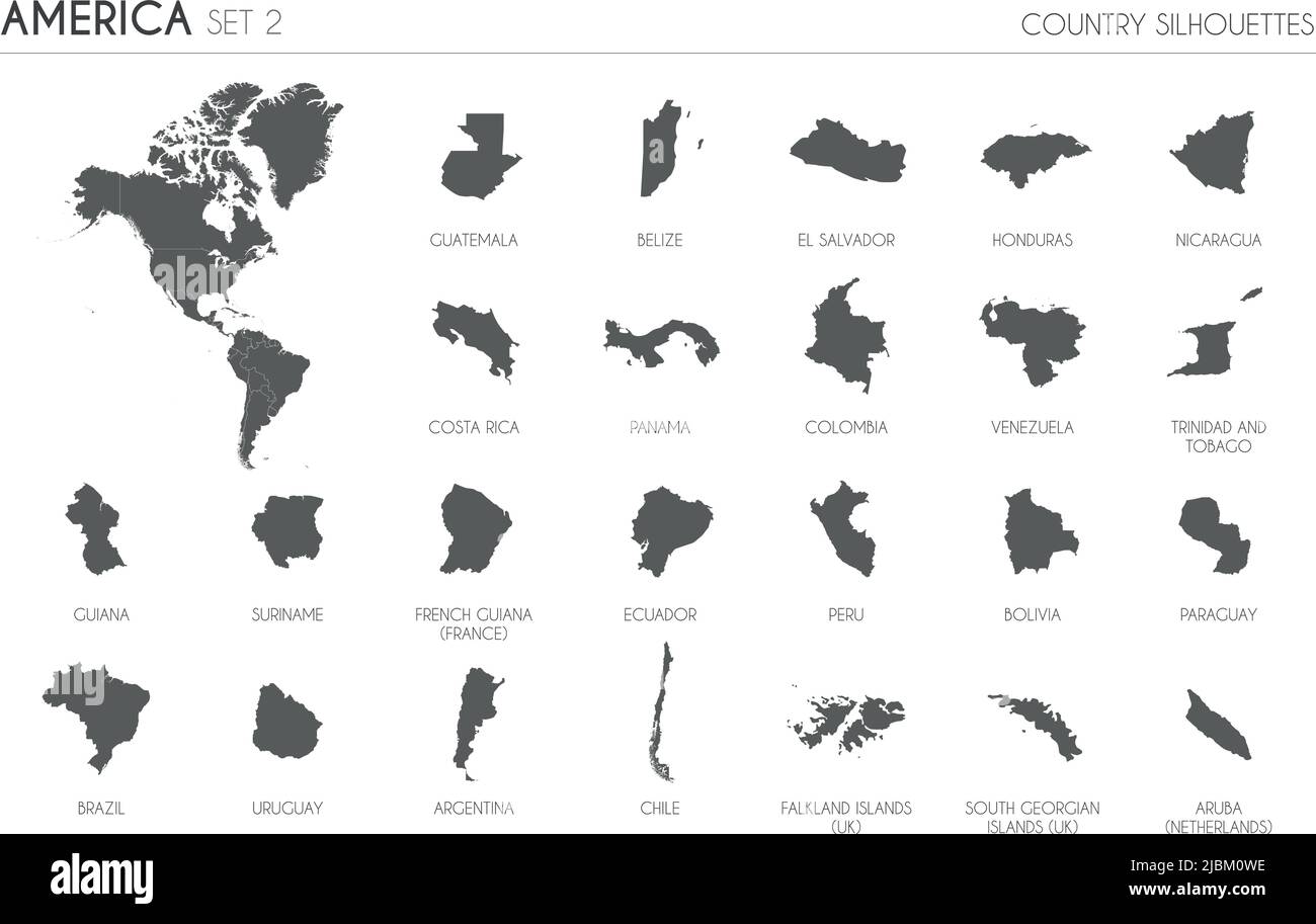 Set di 24 mappe di silhouette dettagliate dei paesi e territori americani, e mappa di illustrazione vettoriale americana. Illustrazione Vettoriale