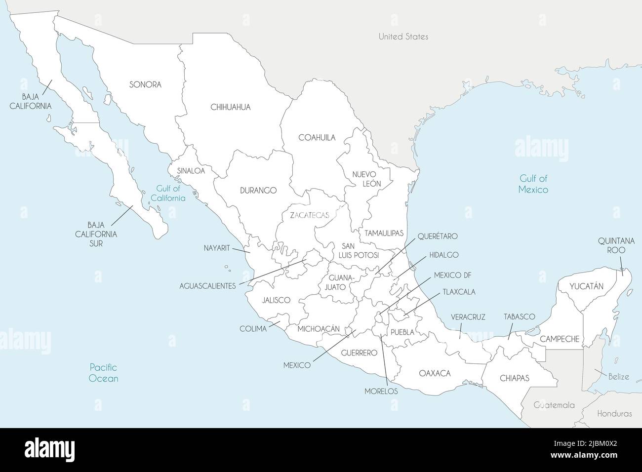 Mappa vettoriale del Messico con regioni o stati e divisioni amministrative, e paesi vicini. Livelli modificabili e chiaramente etichettati. Illustrazione Vettoriale
