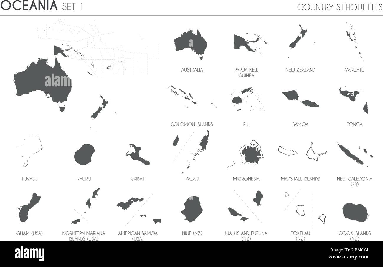 Set di 22 mappe di silhouette dettagliate dei paesi e territori dell'Oceano e mappa dell'illustrazione vettoriale dell'Oceania. Illustrazione Vettoriale