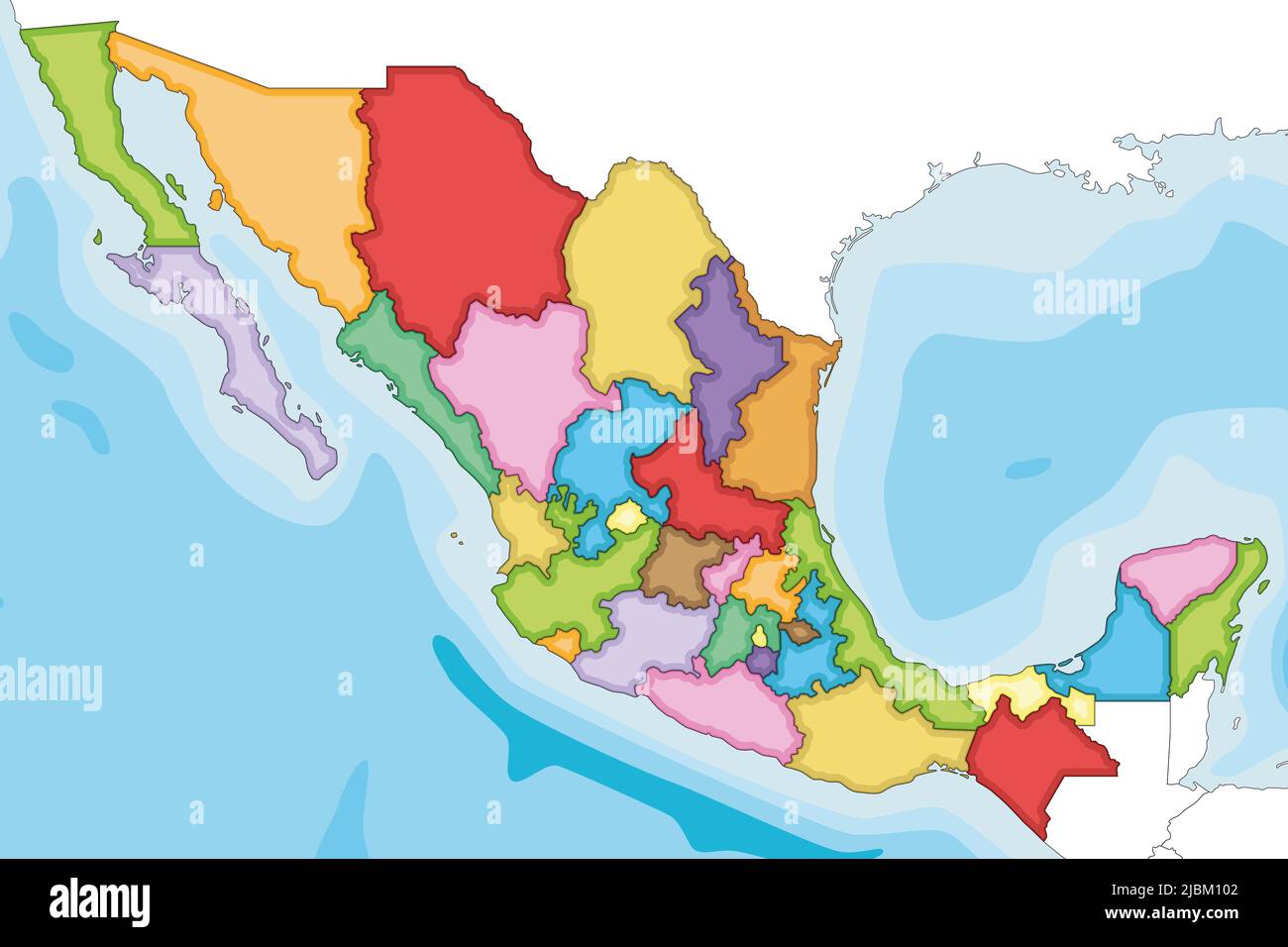 Vettore illustrato carta bianca del Messico con regioni o stati e divisioni amministrative, e paesi vicini. Modificabile e chiaramente etichettato l Illustrazione Vettoriale