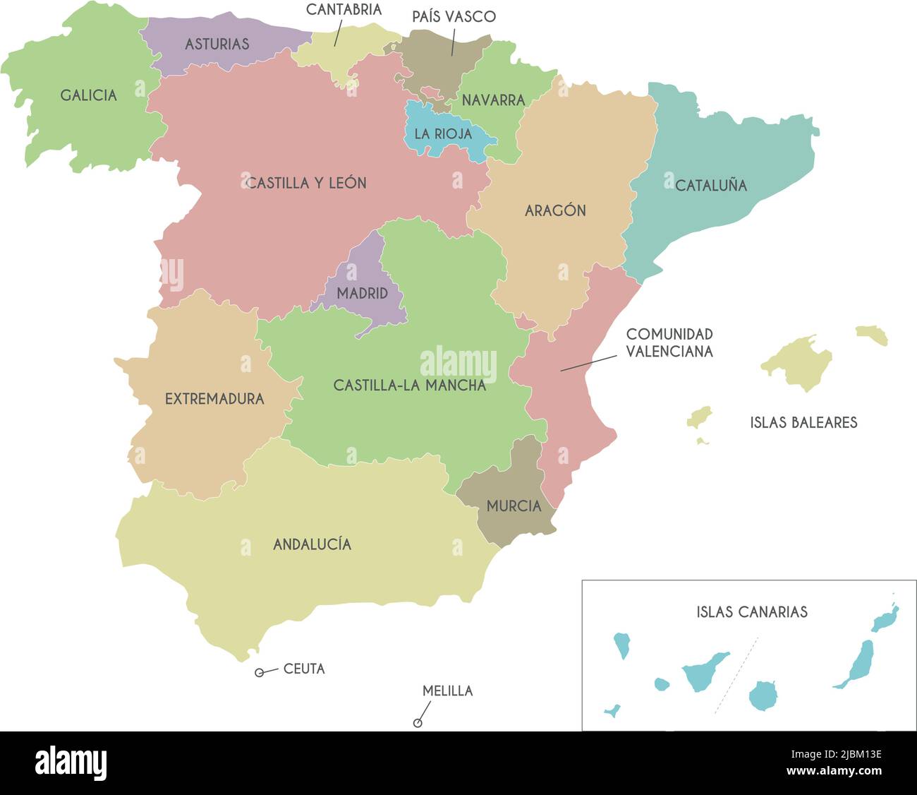 Carta vettoriale della Spagna con regioni e territori e divisioni amministrative. Livelli modificabili e chiaramente etichettati. Illustrazione Vettoriale