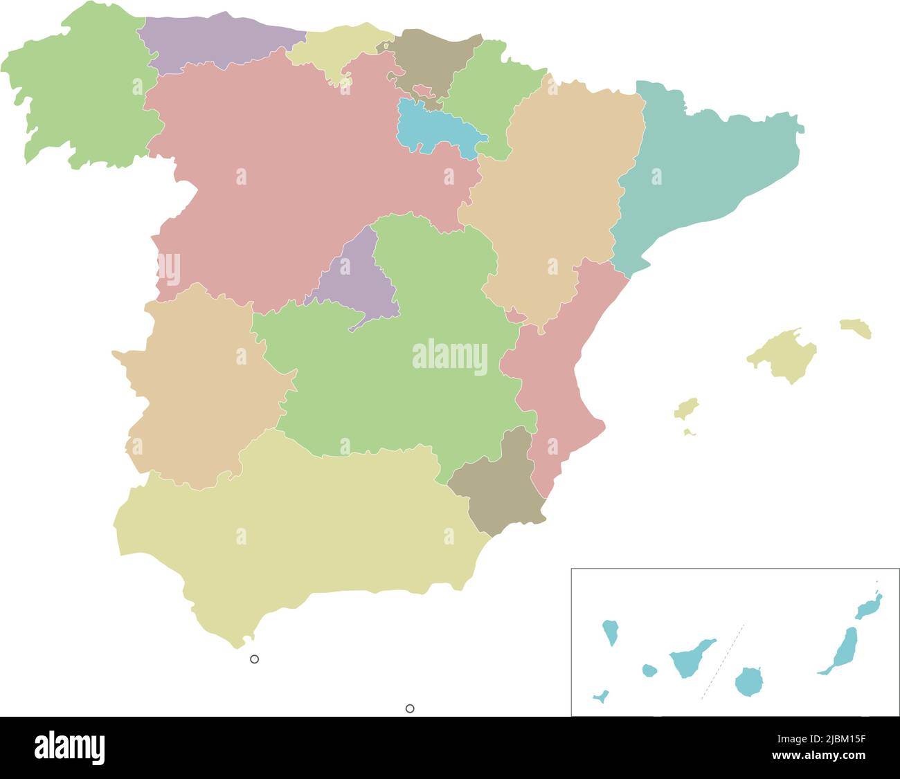 Mappa vettoriale in bianco della Spagna con regioni e territori e divisioni amministrative. Livelli modificabili e chiaramente etichettati. Illustrazione Vettoriale