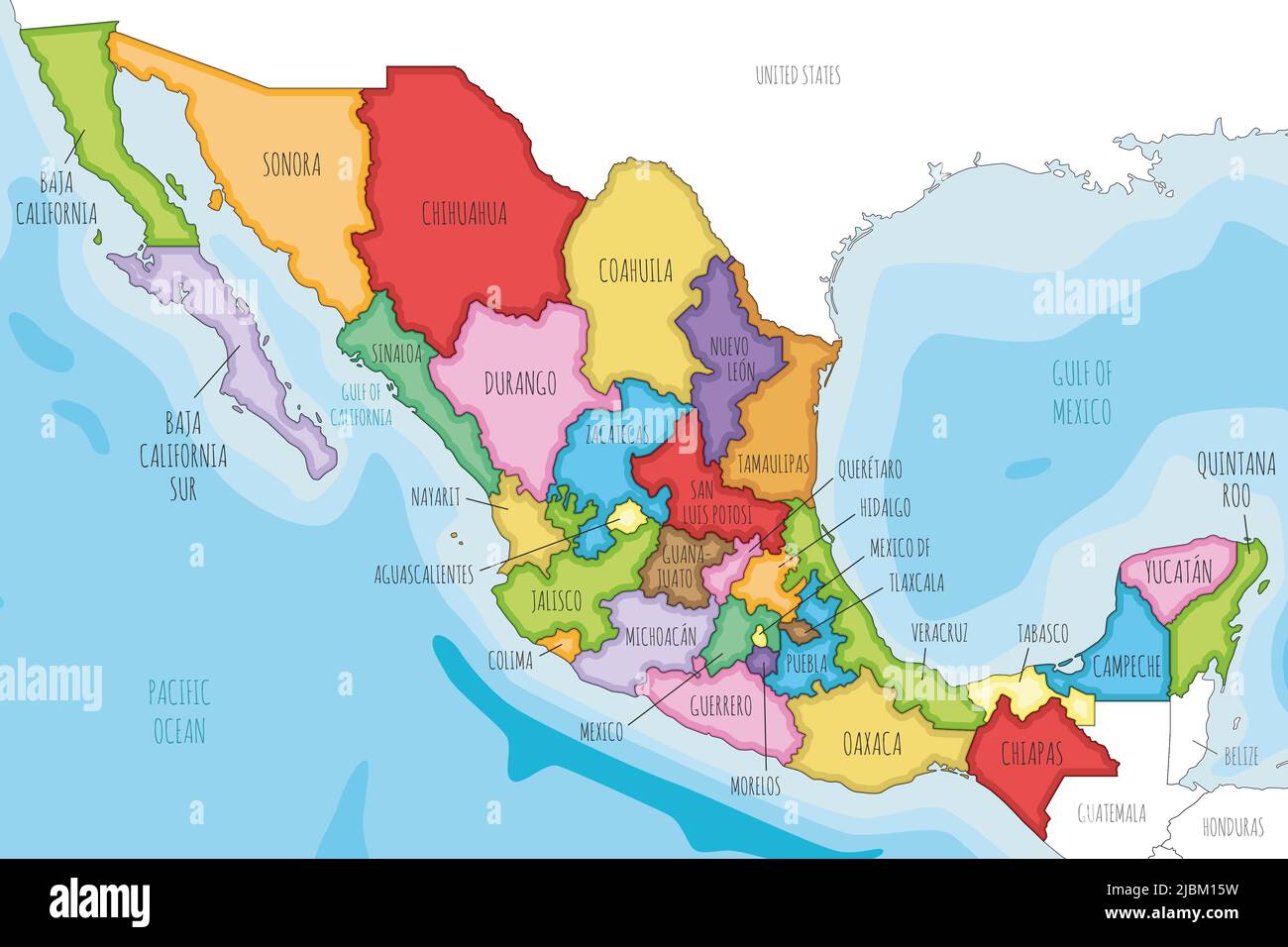 Mappa vettoriale illustrata del Messico con regioni o stati e divisioni amministrative, e paesi vicini. Livelli modificabili e chiaramente etichettati. Illustrazione Vettoriale