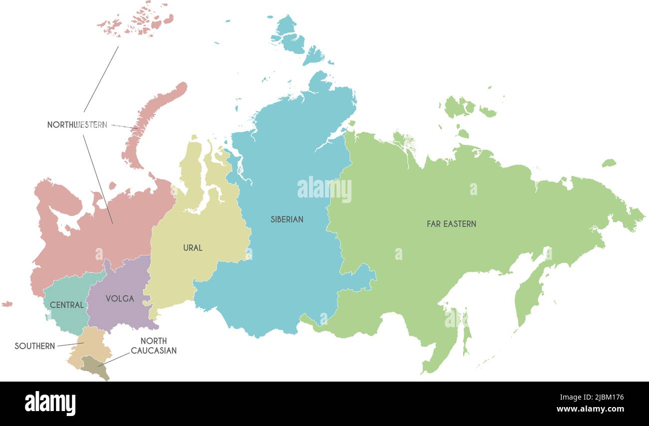 Mappa vettoriale della Russia con regioni o distretti federali e divisioni amministrative. Livelli modificabili e chiaramente etichettati. Illustrazione Vettoriale