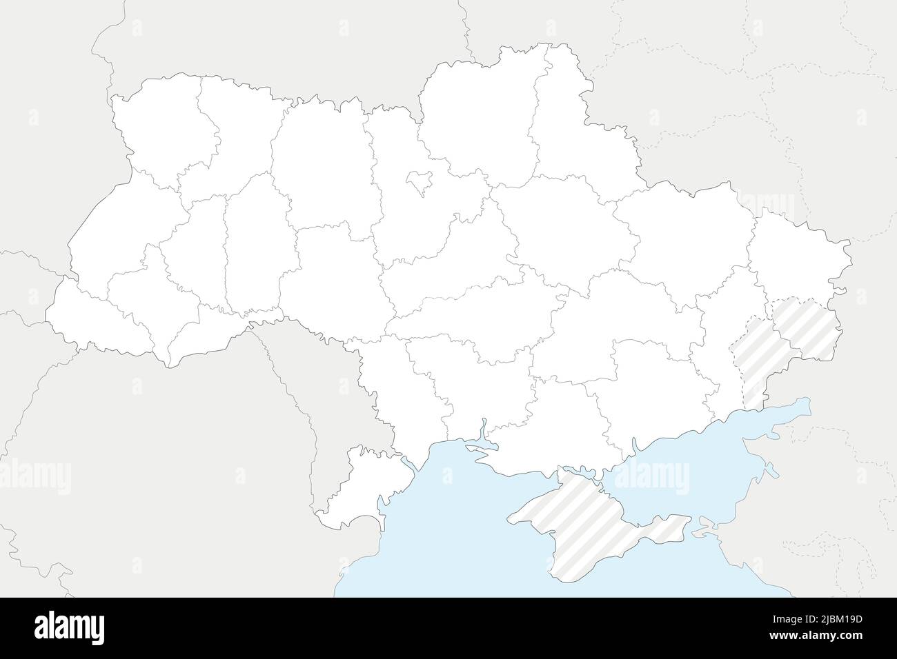 Mappa vuota dell'Ucraina con regioni, divisioni amministrative e territori rivendicati dalla Russia. Livelli modificabili e chiaramente etichettati. Illustrazione Vettoriale