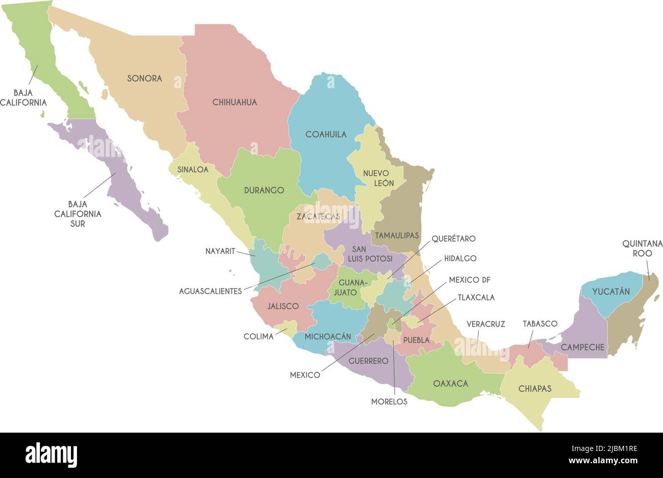 Mappa vettoriale del Messico con regioni o stati e divisioni amministrative. Livelli modificabili e chiaramente etichettati. Illustrazione Vettoriale