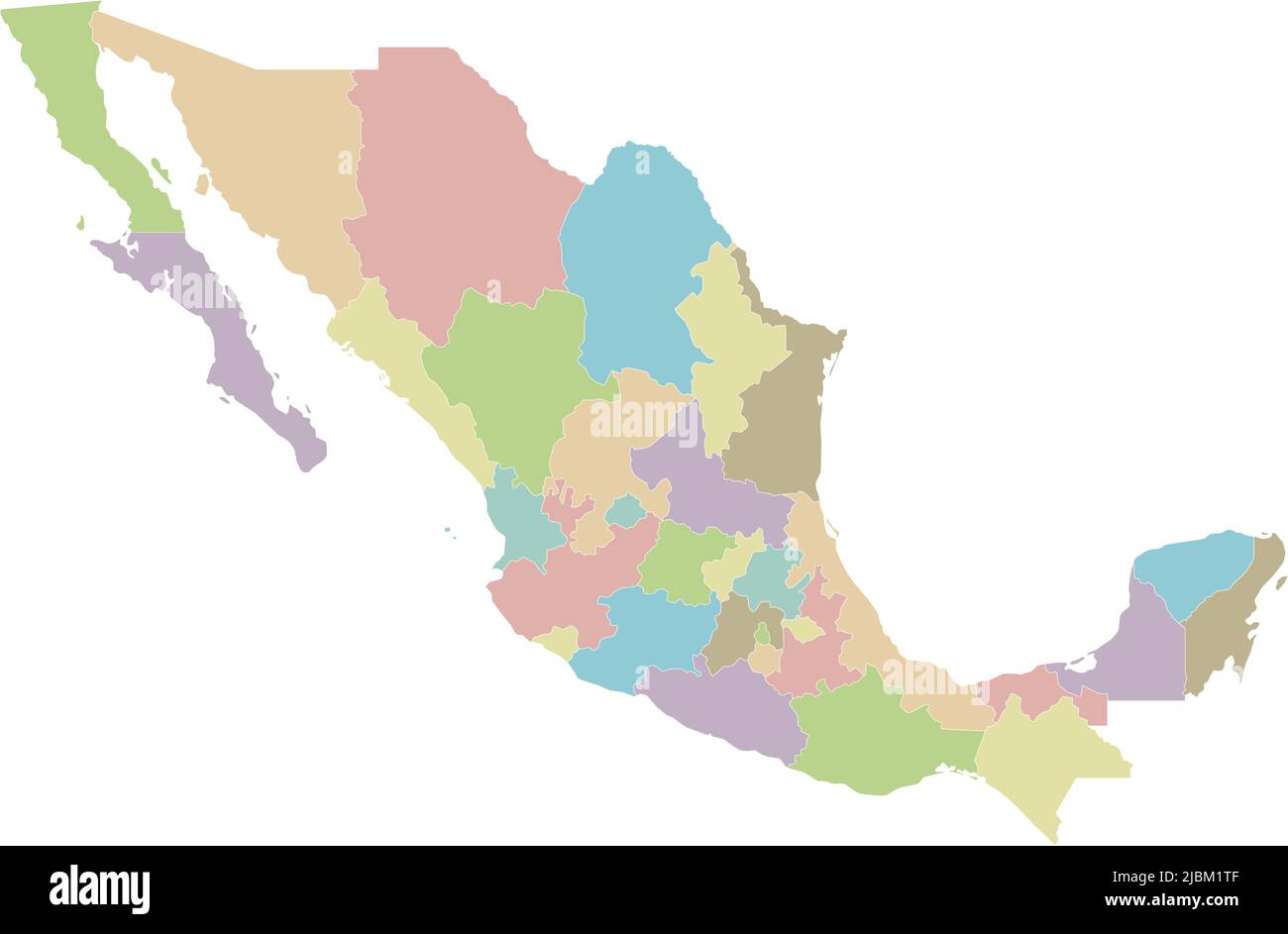 Mappa vettoriale vuota del Messico con regioni o stati e divisioni amministrative. Livelli modificabili e chiaramente etichettati. Illustrazione Vettoriale