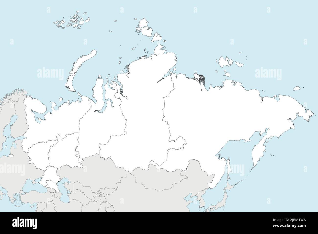 Mappa vettoriale vuota della Russia con regioni o distretti federali e divisioni amministrative e paesi vicini. Modificabile e chiaramente etichettato la Illustrazione Vettoriale