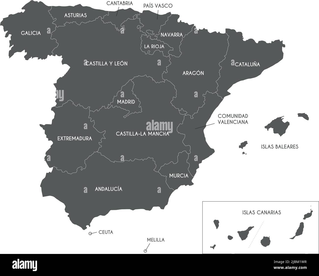Carta vettoriale della Spagna con regioni e territori e divisioni amministrative. Livelli modificabili e chiaramente etichettati. Illustrazione Vettoriale