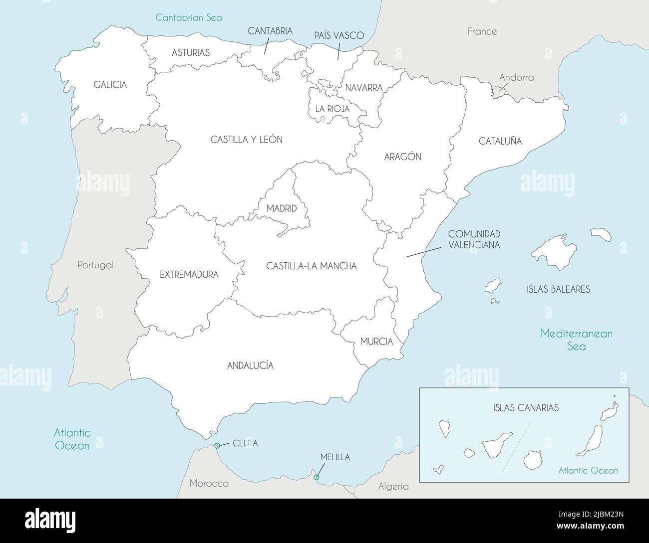 Mappa vettoriale della Spagna con regioni e territori e divisioni amministrative e paesi vicini. Livelli modificabili e chiaramente etichettati. Illustrazione Vettoriale