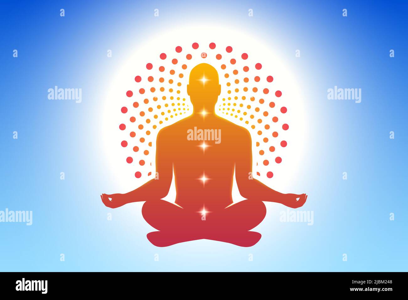 Meditare l'uomo yoga in una posa di loto con un alone solare ornamentale rotondo su uno sfondo blu cielo. Meditazione, spirituale, rilassamento sfondo vettoriale. Illustrazione Vettoriale
