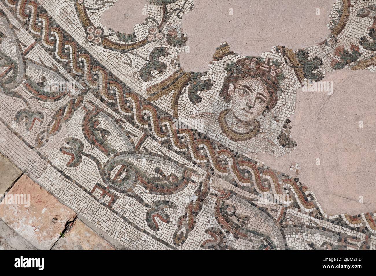 Mosaico cristiano dei primi anni del 4th secolo scoperto in via Canoniche, Treviso, Italia nel 1967. Foto Stock