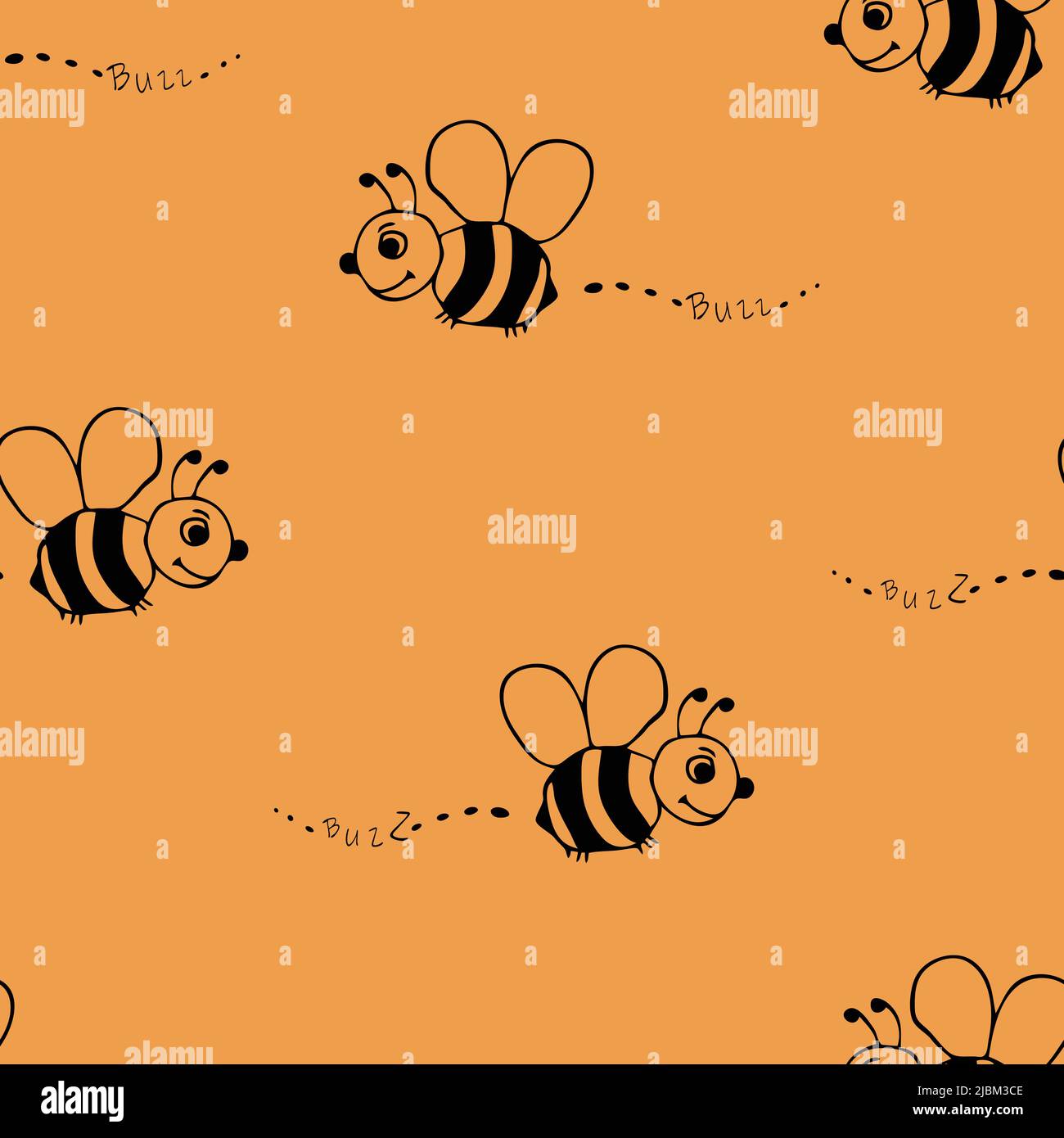 Pattern vettoriale senza giunture con api su sfondo giallo. Carta da parati bumblebee semplice disegnata a mano. Tessuto decorativo estivo di moda. Illustrazione Vettoriale